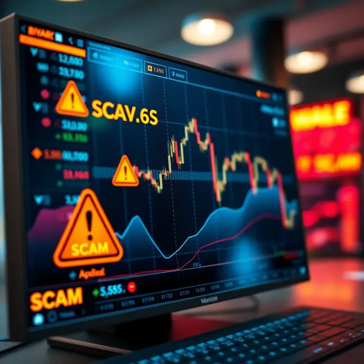 Understanding Risks in Binary Options Trading Platforms Illustration of a digital screen displaying binary options trading with warning symbols indicating potential scam risks