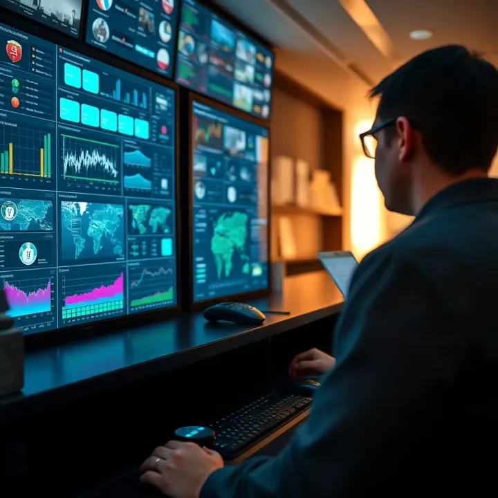 Professional reviewing security protocols on a digital dashboard in a control centre