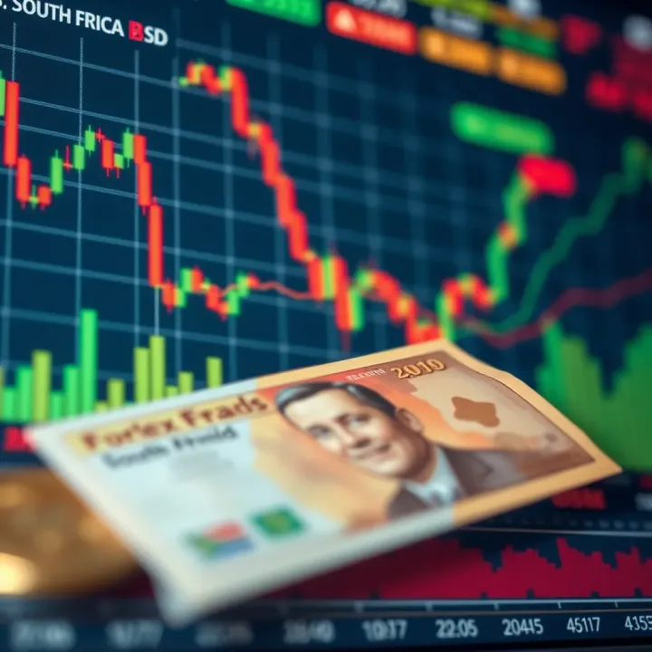 Graph showing currency pairs including South African rand with indicators of market trends and trading strategies