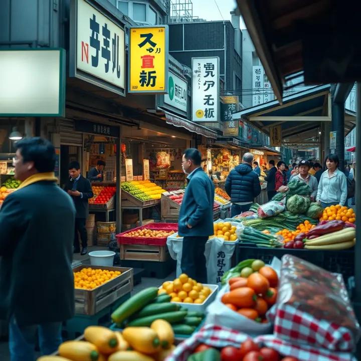 Outdoor market scene showing vendors and shoppers during peak trading hours in Tokai