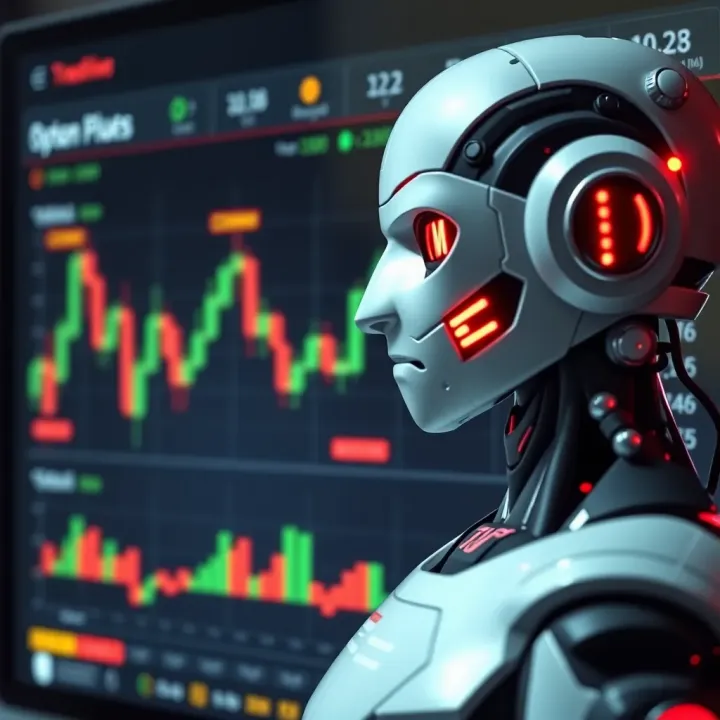 Automated Trading Interface of Binary Option Robots Illustration showing a digital interface with automated trading signals and binary option robot icons