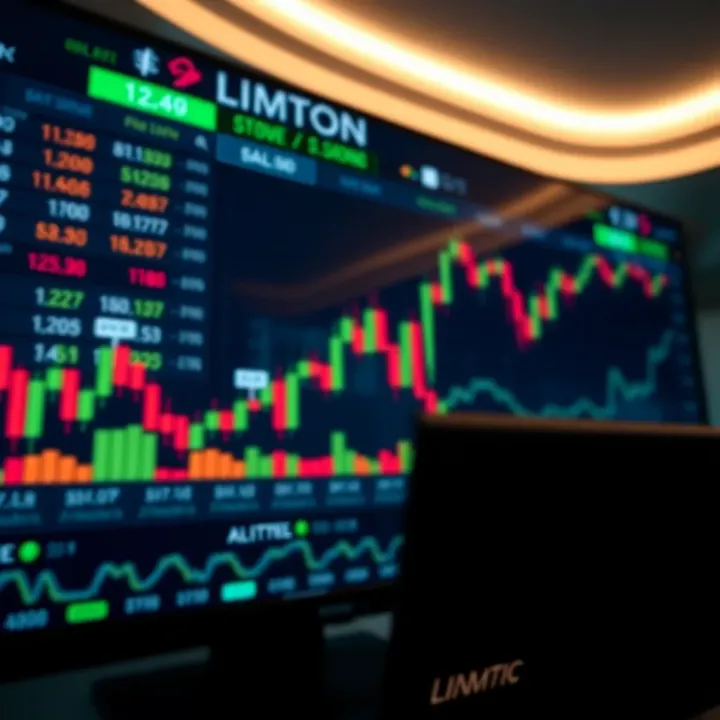 Digital display of binary options trading platform with currency symbols and charts