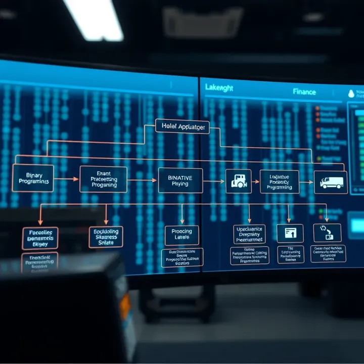 Flowchart showing practical applications of binary programming in logistics, finance, and telecommunications sectors