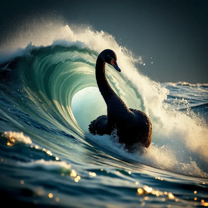 A chaotic wave symbolizing an unexpected black swan event disrupting financial markets