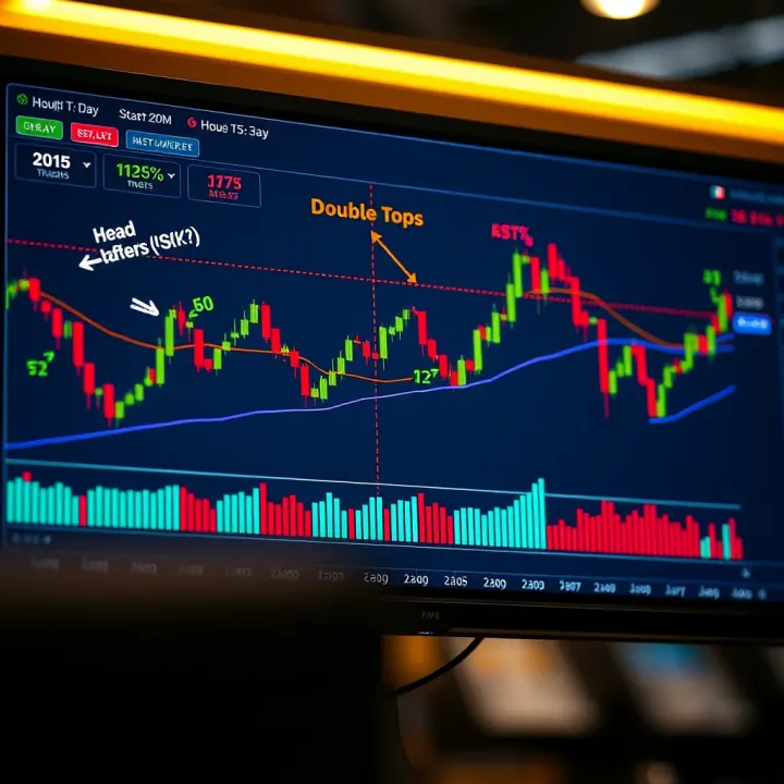 Chart showing common trading patterns such as head and shoulders and double tops with annotated trend lines