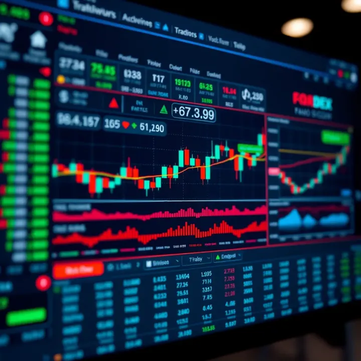 Trading platform showing forex demo account interface with charts and virtual balance