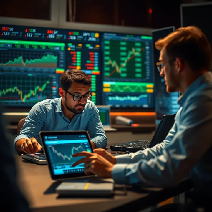 Group of forex traders collaborating over market charts on digital devices