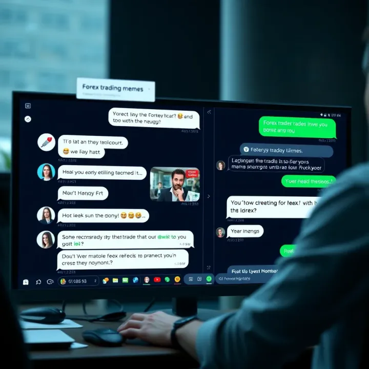 Visual of a digital chat room with various forex memes shared among traders, highlighting community interaction