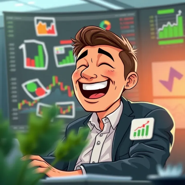 Cartoon showing a trader laughing while surrounded by forex charts and humorous trading icons