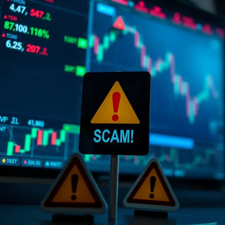 Visual representation of online forex trading with caution symbols indicating potential scams