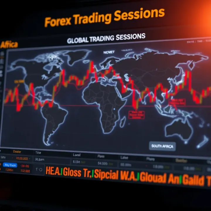 World map highlighting major forex trading sessions with local times for key financial centers