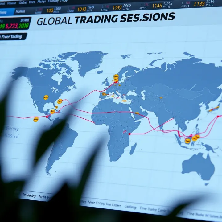 Global forex trading sessions map showing time zones and major market centers
