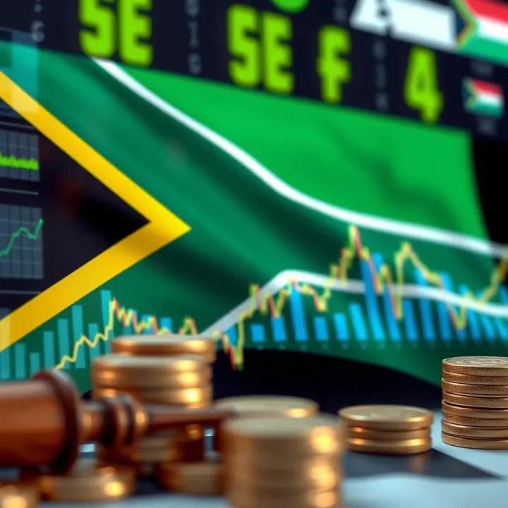 Graphic showing the South African flag with currency symbols and charts representing forex trading
