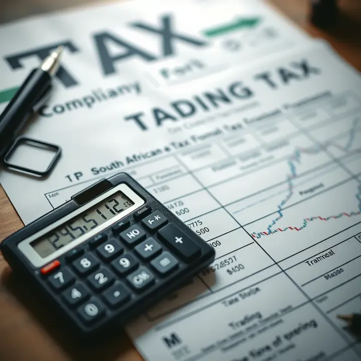 Forex Trading Tax Compliance in South Africa Illustration showing South African tax forms and a calculator symbolizing forex trading tax obligations