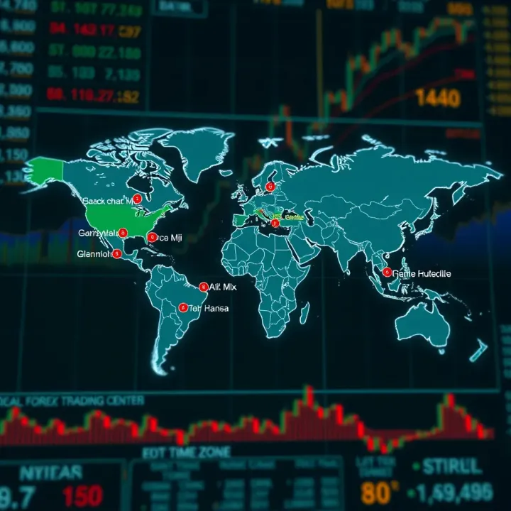 World map highlighting major forex trading centers with their respective time zones