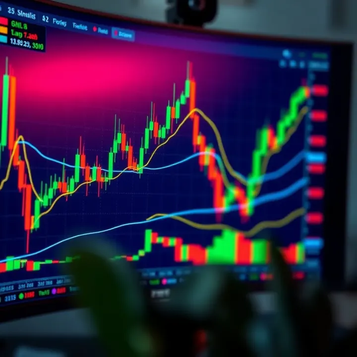 Visual Representation of Binary Options Signals on Trading Chart Graph showing trend lines and trading signals on a digital screen
