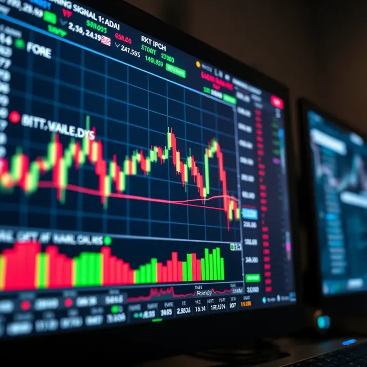 Chart displaying forex trading signals on a computer screen with fluctuating currency values