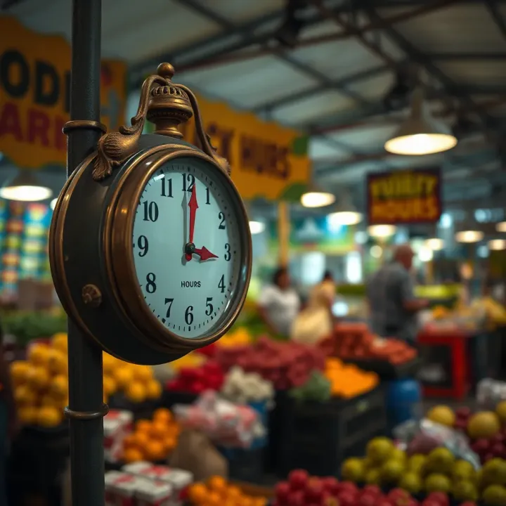 Clock showing typical trading hours with Polokwane fruit and vegetable market in the background
