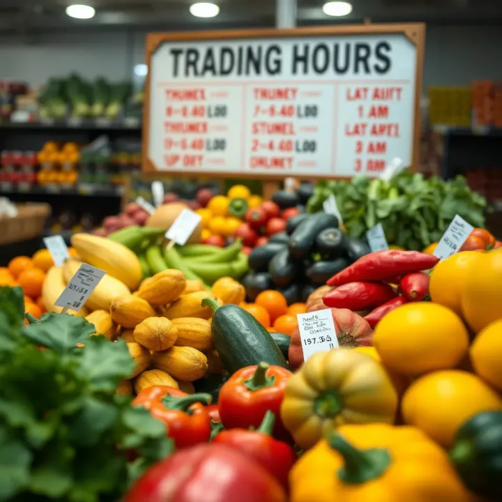 Close-up of fresh fruits and vegetables displayed for sale with price tags and trading hour sign in background