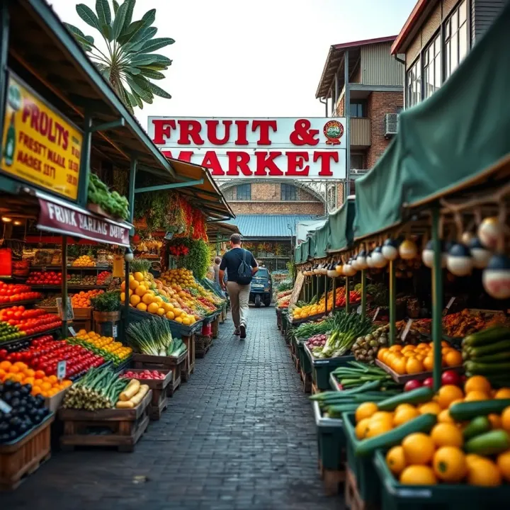 Exterior view of a vibrant fruit and vegetable market in Somerset West during daylight hours