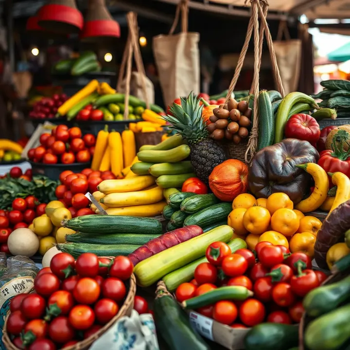 Fresh fruits and vegetables displayed at a vibrant outdoor market in South Africa