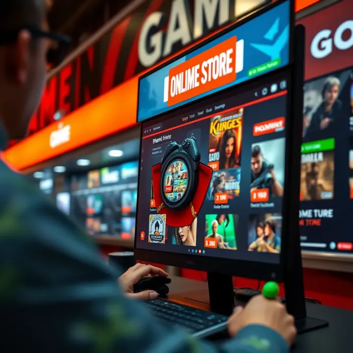 Digital interface of an online game store showcasing product listings and flexible shopping times