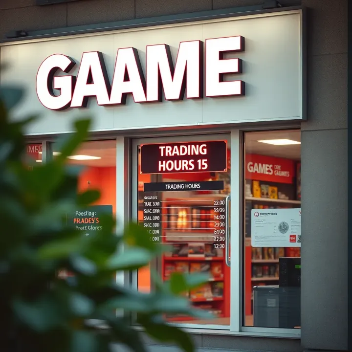 Exterior of a South African game store showing its operating hours displayed on the entrance door