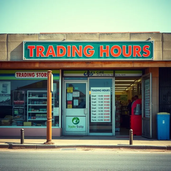 Exterior view of a typical South African general store displaying its trading hours on the entrance door