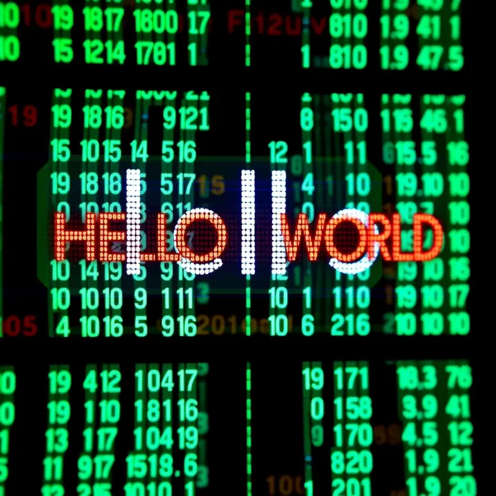 Visualization of Hello World in Binary Code Binary code representation of the phrase Hello World displayed on a digital screen