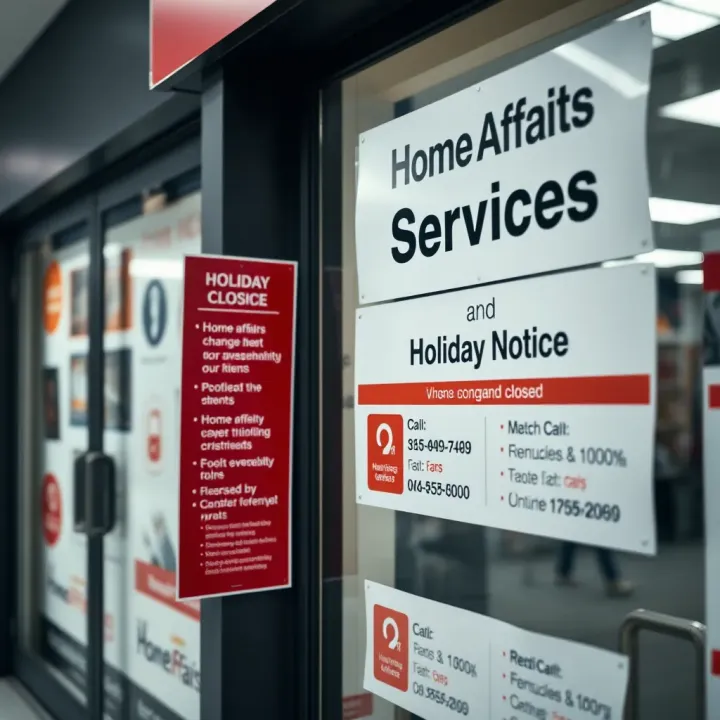 Informational signage displaying services offered and holiday closure notices at Home Affairs Alberton