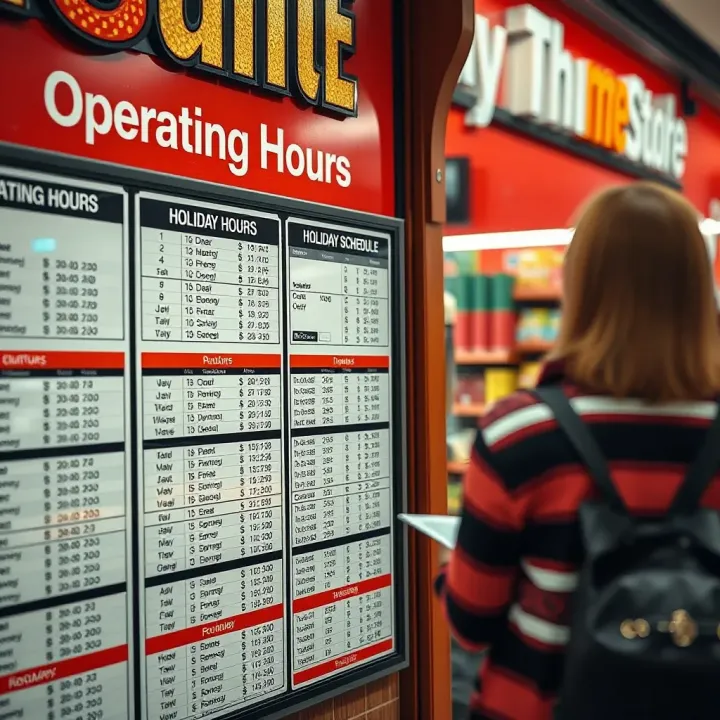 Customer checking operating hours and holiday schedule information on store notice board