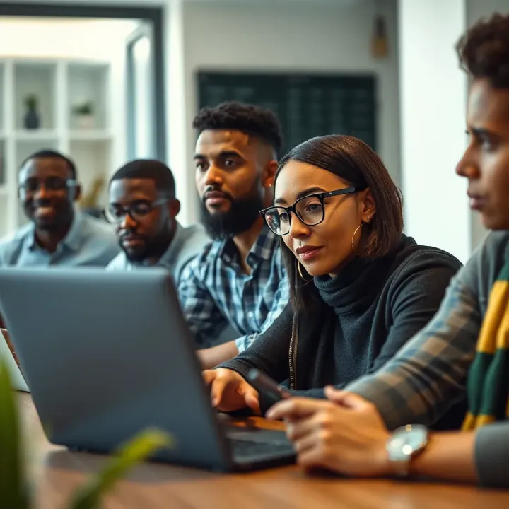 A group of diverse individuals engaging in a forex trading community discussion with laptops and notebooks