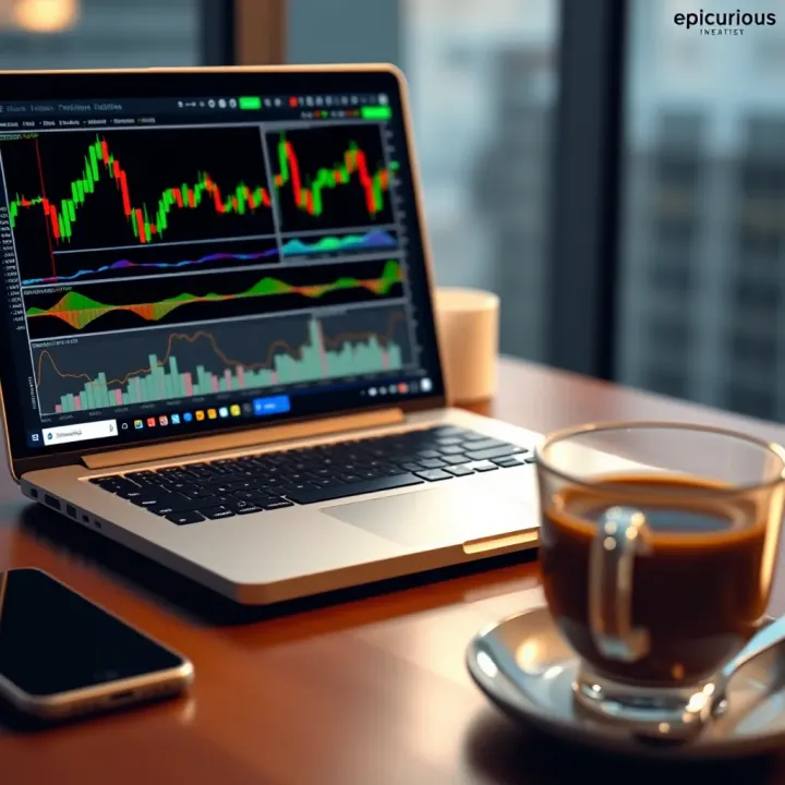 A laptop displaying forex trading charts and graphs alongside a cup of coffee on a desk