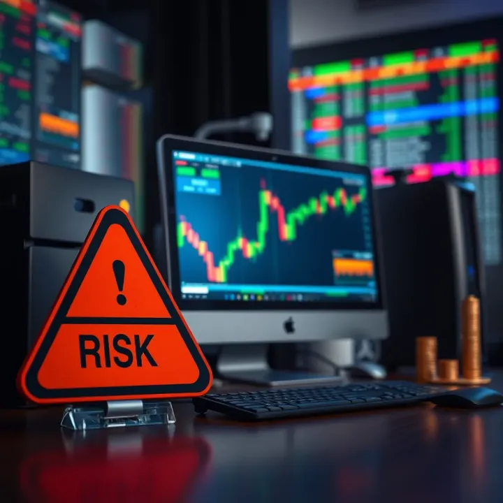 Conceptual illustration of a warning sign alongside a computer screen highlighting online trading risks