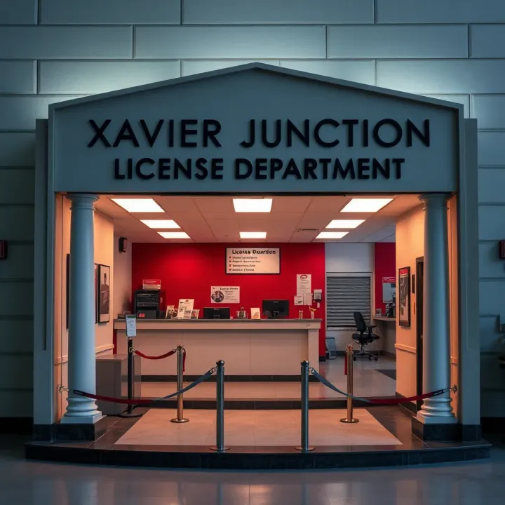 Entrance of Xavier Junction License Department showing service counters and informational signage